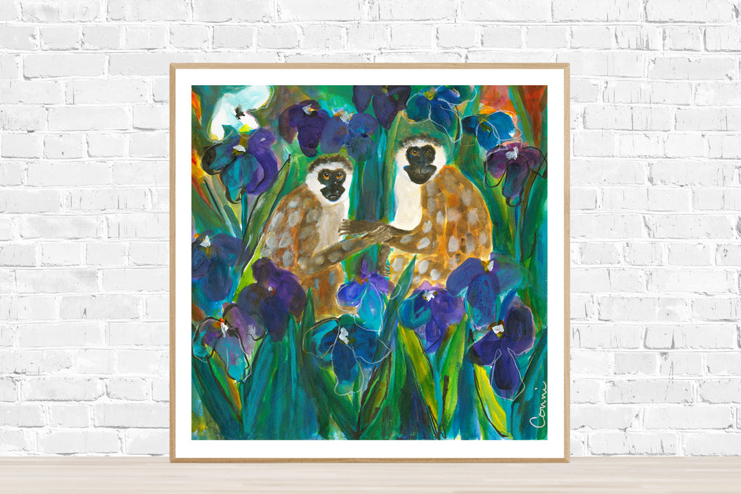 Grivets in Purple Iris Field (Print)