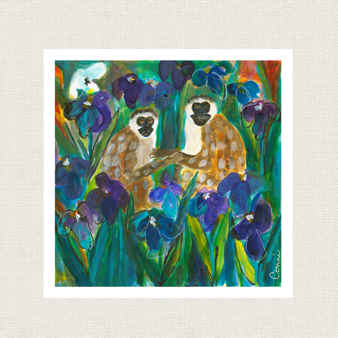 Grivets in Purple Iris Field (Print)